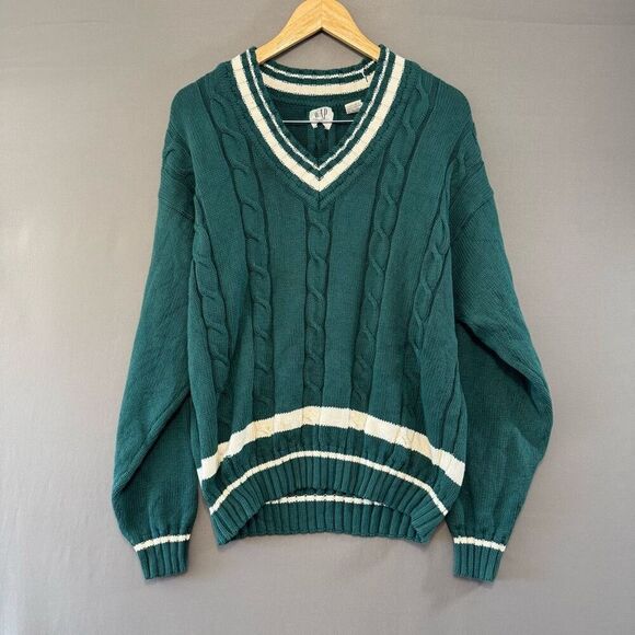 Vintage Gap Green Cable Knit Sweater V-Neck Size Medium 100% Cotton Preppy - Picture 1 of 12